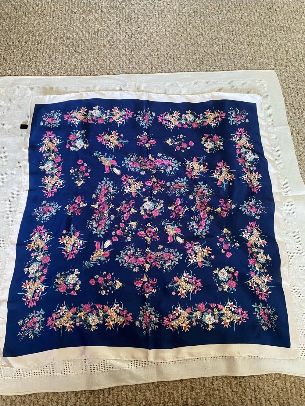 Navy Floral Silk-Feel Scarf with Ivory Border
